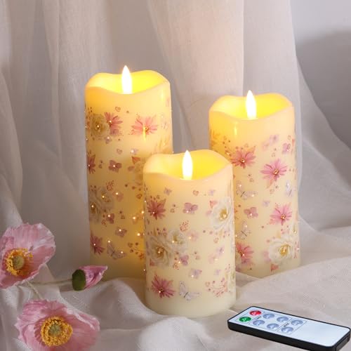 Eywamage Faser Optik Blumen Flammenlose Stumpenkerzen mit Fernbedienung, batterie flackernde LED-Kerzen Set aus 3 Stück von Eywamage