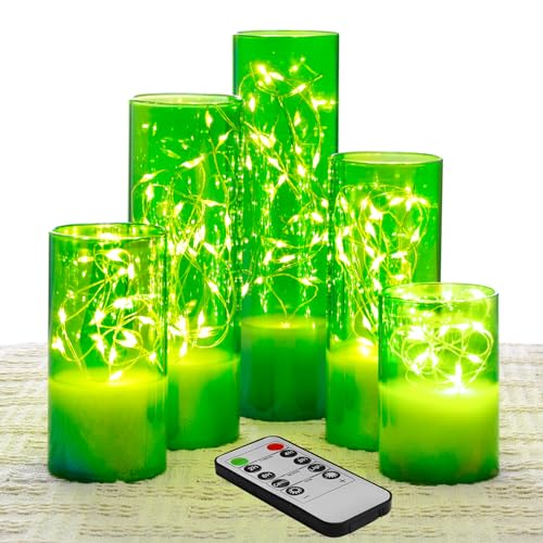 Eywamage Grün Glas Flammenlose Kerzen mit Fernbedienung, Schlank LED Batterie Wachs Stumpenkerzen 5er Set von Eywamage