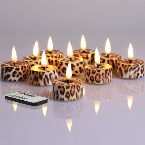 Eywamage Leopardenmuster Flammenlose Teelichter mit Fernbedienung, flackernde LED-Batterie-Teelichter Set mit 12 Stück von Eywamage