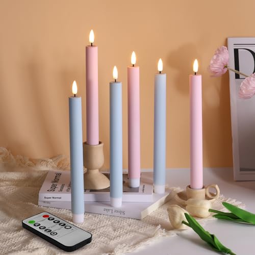 Eywamage Pink Blaue flammenlose Kerzen mit Fernbedienung, flackernde batteriebetriebene LED-Kerzenleuchter Set aus 6 von Eywamage