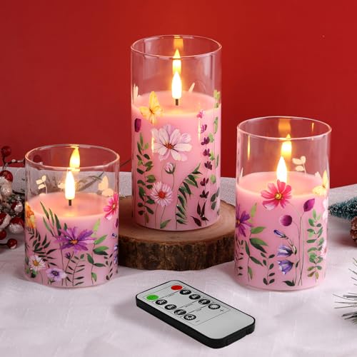 Eywamage Rosa Blumenmuster Glas Flackernde Flammenlose Stumpenkerzen mit Fernbedienung, Batteriebetriebene LED-Wachskerzen, Set aus 3 von Eywamage