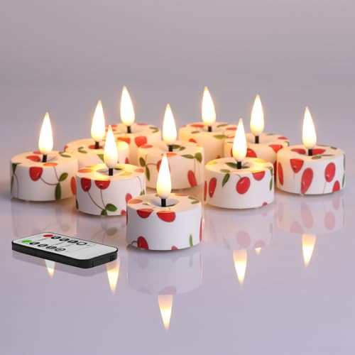 Eywamage Rot Kirschen Flammenlose Teelichter mit Fernbedienung, Flackernde LED-Batterie-Teelichter Set mit 12 Stück von Eywamage