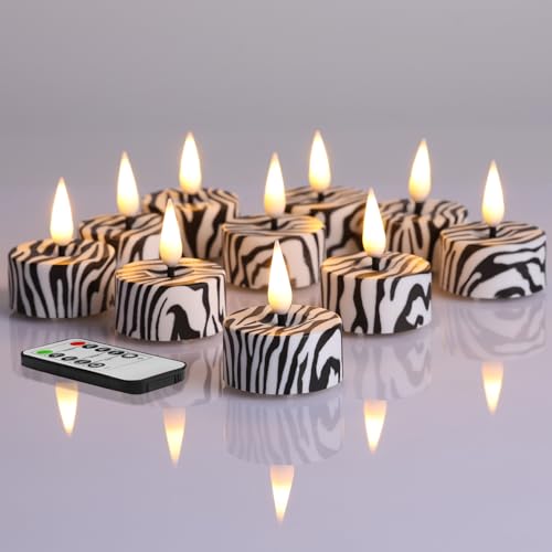 Eywamage Zebra-Streifen Flammenlose Teelichter mit Fernbedienung, flackernde LED-Batterie-Teelichter Set mit 12 Stück von Eywamage