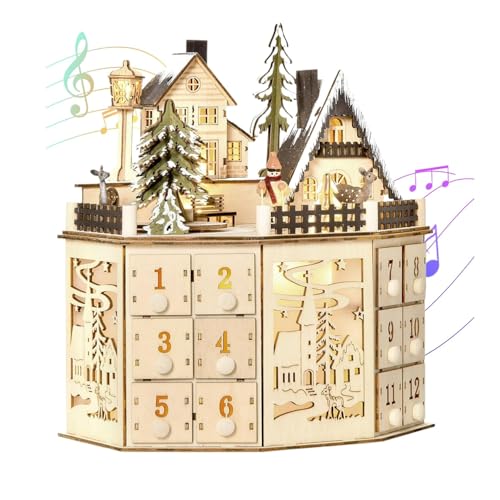 Adventskalender 2024 Holz mit 24 Schubladen, LED Beleuchteter Weihnachten Adventskalender mit Musik Leerer Adventskalender zum Selbstbefüllen Countdown Urlaub Geschenke, Weihnachten Adventskalender von Eznaobo