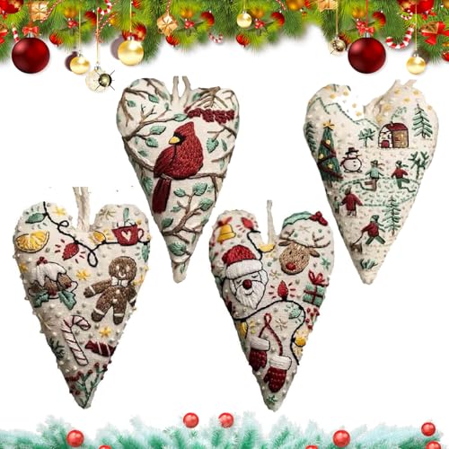 Eznaobo DIY Herz Stickerei Weihnachtsdekoration, Weihnachten Stickerei Kit, Weihnachten Stickerei Kit für Anfänger, Weihnachten Kreuzstich Kits, Weihnachten Herz Stickerei Kit Geschenk (A+B+C+D) von Eznaobo