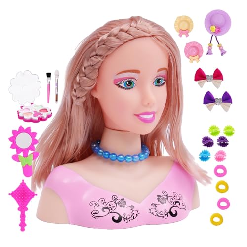 Eznaobo Frisier-Make-up-Puppenkopf für Kinder, mit 23-teiligem Zubehör, Puppenkopf, Haarstyling-Modell, Kinder, Make-up- und Haarstyling-Kopf, Styling-Kopf, Puppenspielzeug-Set für Mädchen im Alter von Eznaobo