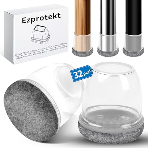 Kleine Silikon Bodenschoner für Stuhlbeine, 32 Stück Grey Stuhlbeinkappen, Φ 28-37 mm Durchmesser Filzunterseite, weicher Thermo-Kunststoff-Elastomer, Möbelbein-Fußabdeckungen verhindern Kratzer von Ezprotekt