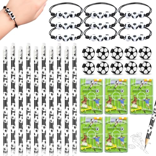 Ezydka 40 Stück Mitgebsel Fussball Set Kinder Fussball Mitgebsel 10 Fußball Bleistifte 10 Radiergummi Fussball 10 Fußball Armbänder 10 Fußball Flipperspiel für Give Aways Kindergeburtstag Jungen von Ezydka