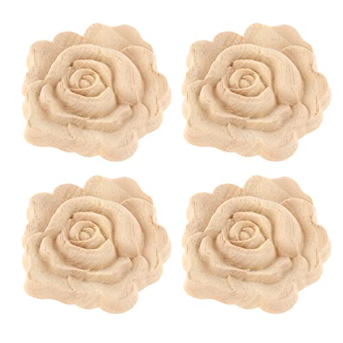 F Fityle 4 Holz Geschnitzte Applikationen Onlay Rose Flower Carving Decals unlackierte Holzfiguren Zierleisten für Türrahmen Schrank Möbel Dekor Ornament, Durchmesser 2,76 Zoll von F Fityle