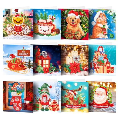 F4B 12 Stück Weihnachtskarten (5) Diamond Painting 15x15cm | Runde Strasssteine | Mit Briefumschlägen | Weihnachten | Weihnachtsmann | Kartenset | Karten | Kinder | Paket Erwachsene von F4B