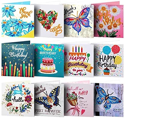 F4B 12-teilige Grußkarten (1) Diamond Painting 15x15cm | Runde Strasssteine | Mit Briefumschlägen | Geburtstagskarten | Kartenset | Cards | Happy Birthday | Kinder | Paket Erwachsene und Kinder von F4B