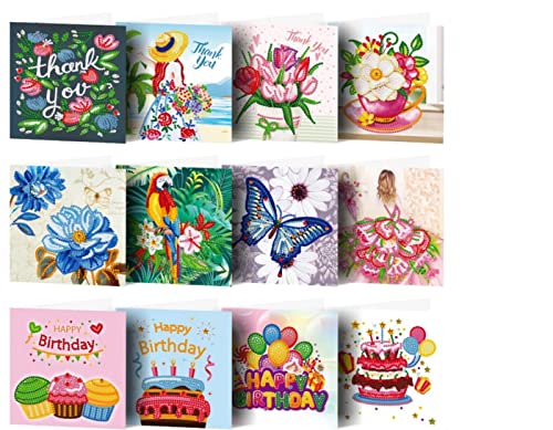 F4B 12-teilige Grußkarten (2) Diamond Painting 15x15cm | Runde Strasssteine | Mit Briefumschlägen | Geburtstagskarten | Kartenset | Cards | Happy Birthday | Kinder | Paket Erwachsene und Kinder von F4B