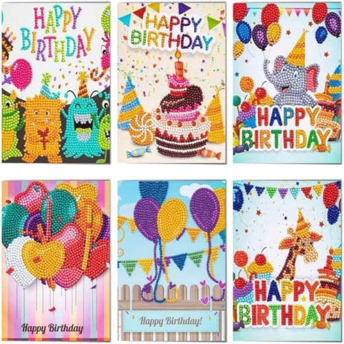 F4B 6-teilige Grußkarten (6) Diamond Painting 15x15cm | Runde Strasssteine | Mit Briefumschlägen | Geburtstagskarten | Kartenset | Cards | Happy Birthday | Kinder | Paket Erwachsene und Kinder von F4B