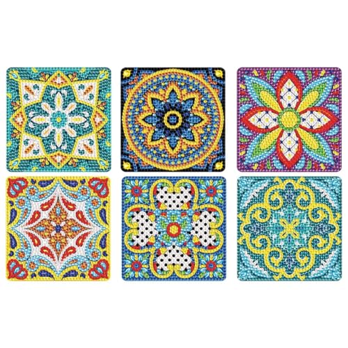 F4B Diamond Painting Coaster Set - Quadratische Untersetzer - Runde Strasssteine - Mandala Designs - 6er Set mit Halter, Stift, Schüttbehälter und Wachs - Perfekt für Erwachsene und Kinder von F4B