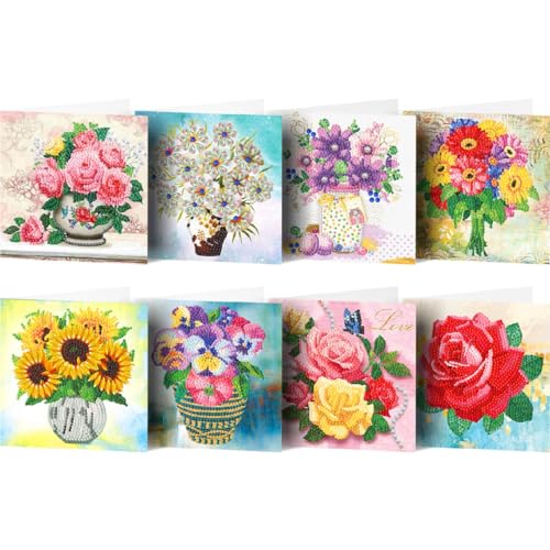 F4B 8 Stück Blumenkarten (1) Diamond Painting 15x15cm | Runde Strasssteine | Mit Umschläge | Blumen | Kartenset | Rosen | Sonnenblumen | Kinder | Paket Erwachsene und Kinder von F4B