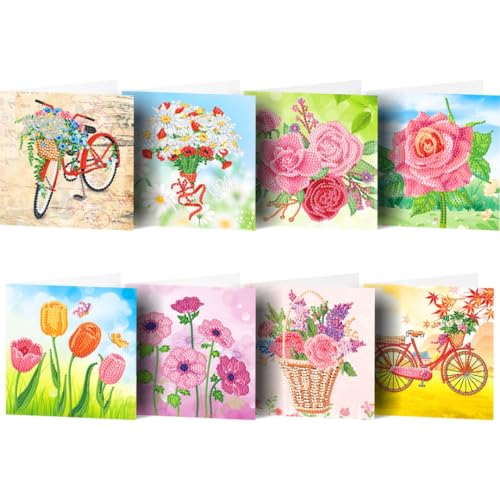 F4B 8 Stück Blumenkarten (4) Diamond Painting 15x15cm | Runde Strasssteine | Mit Umschläge | Blumen | Kartenset | Rosen | Tulpen | Kinder | Paket Erwachsene und Kinder von F4B