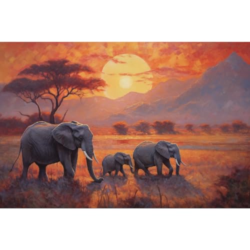 F4B Elefanten auf der Savanne Diamond Painting 40x50cm | Quadratische Strasssteine | Tiere | Savanne | Afrika | Elefanten | Diamantmalerei Paket Erwachsene | Kinder | Volldeckend von F4B