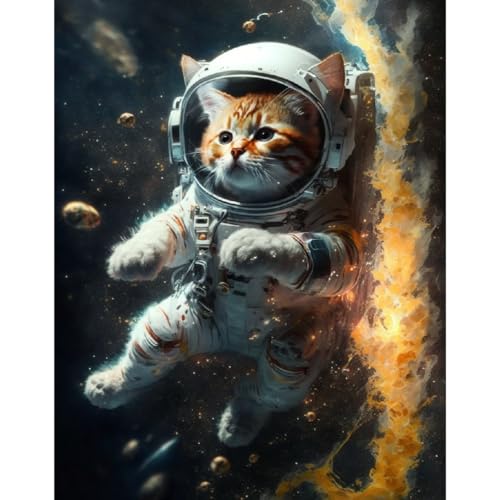 F4B Katze im Raum Diamond Painting 40x50cm | Quadratische Strasssteine | Tiere | Katze | Katzen | Planeten | Diamond Painting Paket Erwachsene | Kinder | Vollständig Deckend von F4B