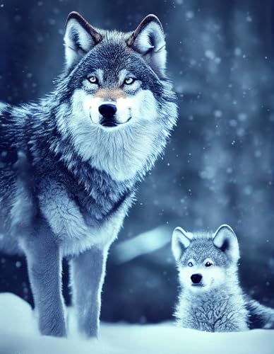 F4B Wolf mit Welpe im Schnee Diamond Painting 30x40cm | Quadratische Strasssteine | Tiere | Wölfe | Natur | Landschaften | Winter | Husky | Diamond Painting Paket Erwachsene | Volldeckend von F4B