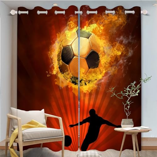 FABTOP Fußball Gardinen Verdunklungsgardine Kinder Jungen Sport Vorhänge 3D-Druck Fußball Kunst Gardinen Blickdicht Für Kinderzimmer Wohnzimmer (1,280×245BxH (140×245cm×2)) von FABTOP