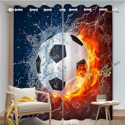 FABTOP Fußball Gardinen Verdunklungsgardine Kinder Jungen Sport Vorhänge 3D-Druck Fußball Kunst Gardinen Blickdicht Für Kinderzimmer Wohnzimmer (5,280×245BxH (140×245cm×2)) von FABTOP