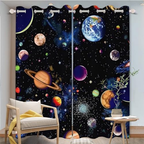 FABTOP Galaxy Planet Verdunkelungsvorhänge, Weltraum-Vorhänge, Planet, Erde, Galaxie, Sternenhimmel Blickdichte Vorhänge, Sonnensystem Planet Vorhänge Jungen (1,100×140BxH (50×140cm×2)) von FABTOP