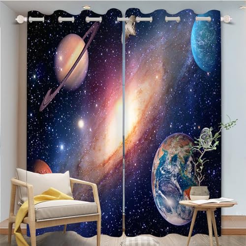 FABTOP Galaxy Planet Verdunkelungsvorhänge, Weltraum-Vorhänge, Planet, Erde, Galaxie, Sternenhimmel Blickdichte Vorhänge, Sonnensystem Planet Vorhänge Jungen (3,150×166BxH (75×166cm×2)) von FABTOP