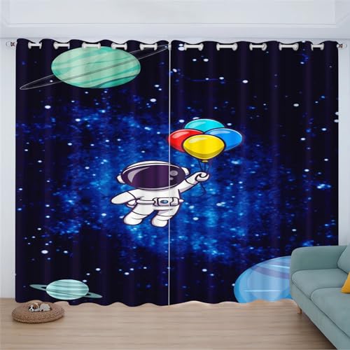 FABTOP Gardinen Verdunklungsgardine Ösen Für Schlafzimmer, Cartoon Astronaut Planet Verdunkelungsvorhang-Set 2er Set 3D-Druck Für Kinderzimmer Dekoration (1,150×166BxH (75×166cm×2)) von FABTOP