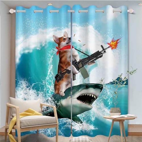 FABTOP Hai Verdunklungsvorhänge 3D Meerestier Hai Muster Gardinen, Hai-Vorhänge Ozeanweißer Hai Blickdichte Vorhänge Für Schlafzimmer Kinderzimmer (1,220×215BxH (110×215cm×2)) von FABTOP