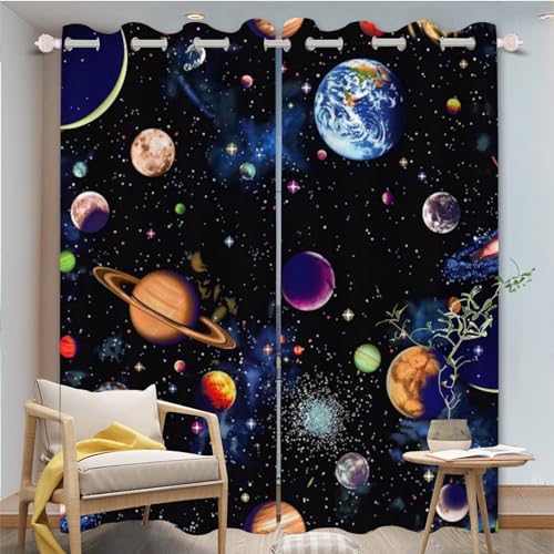 FABTOP Kinder Blickdichte Vorhänge Sonnensystem Planet Vorhänge, Galaxy Planet Verdunkelungsvorhänge, Universum Galaxie Erde Planeten Muster Druck Gardinen (1,183×160BxH (91.5×160cm×2)) von FABTOP