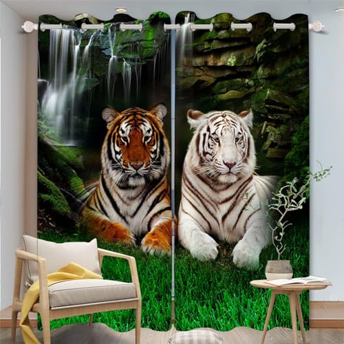 FABTOP Tiger Gardinen Verdunklungsvorhänge 3D Vorhang Tier Tiger Gardine Verdunklungsgardine Mit Ösen Modetier Tiger Vorhänge Blickdicht Für Wohnzim Kinderzimmer (2,100×140BxH (50×140cm×2)) von FABTOP