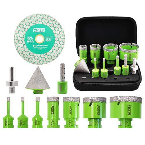 FACHLICH Diamant Fliesenbohrer Set Lochsäge - 11 Stück (6/6/8/25/35/50/68mm+10mm Fingerfräser+50mm Fasenbohrer+Adapter+125mm Trennscheibe) Lochsäge Set M14 Gewinde für Fliesen Marmor Granit von FACHLICH