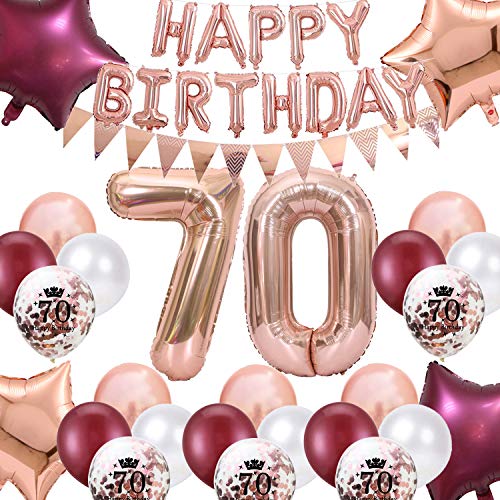 70. Geburtstag Dekorationen Weinrot Roségold für Frauen, Happy Birthday Ballon Wimpel Banner Nummer 70 Geburtstag Luftballons Wein Rot Star Folie Ballons Roségold für Mutter 70. Geburtstag von Fechy