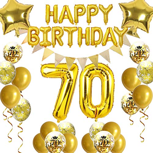 Fechy 70. Geburtstag Dekoration, Happy Birthday Ballon Wimpel Banner Gold Nummer 70 Geburtstag Ballone Stern Folienballons Konfetti Luftballons für Mann Vater 70 Jahre alt Geburtstag Dekoration von Fechy