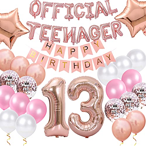 Offizielle Teenager 13. Geburtstag Dekorationen für Mädchen, Happy Birthday Banner Roségold Nummer 13 Geburtstags Stern Folien Ballons Konfetti Ballons für 13 Jahr Geburtstags Deko Mädchen von Fechy