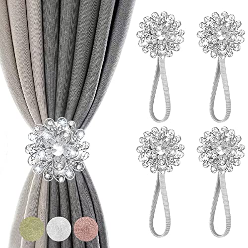 FACIACC Magnetische Vorhang Raffhalter, 4er-Pack Dekorative Gardinenschnalle mit Starkem Federseil & Blume Kristall, Vorhang Clips für Hausfenster Küchenbehandlung (4 Packung Blume-Silber) von FACIACC