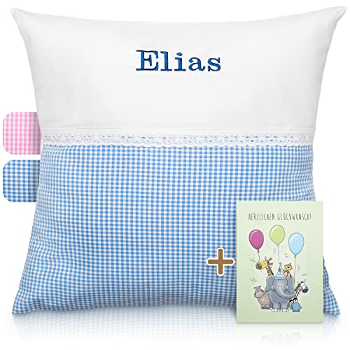 FADENZAUBER Babykissen personalisierbar mit Namen inkl. Glückwunschkarte für Jungen & Mädchen (50_x_50_cm, Blau- Kariert) von FADENZAUBER Design for Kids