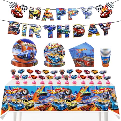 Autos Pappteller Kindergeburtstag Hot Wheels Geburtstag Deko Cars Geburtstagsdeko Auto Partygeschirr Set Pappteller Becher Tischdecke Servietten Banner Kuchenkoteletts für Jungen Mädchen 10 Gäste von FAELNK