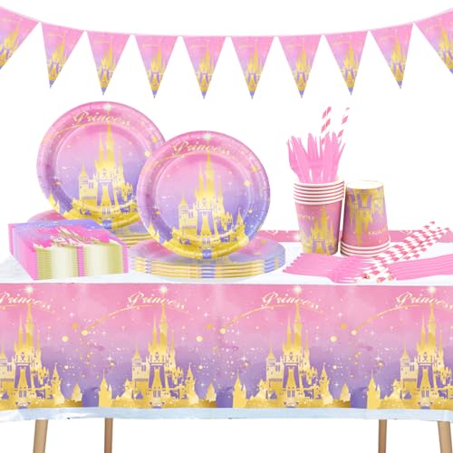 FAELNK Schloss Partygeschirr Set Kindergeburtstag Deko Geburtstag Partygeschirr Set Geburtstagsteller Pappbecher Tischdecke Strohhalme Banner Servietten Messer und Gabel für 10 Gäste von FAELNK