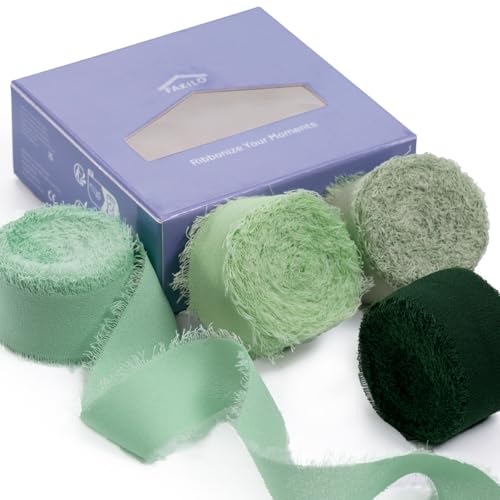 FAKILO Chiffonband mit ausgefranstem Rand, grünes Schleifenband-Set, Seiden-Chiffonband, 4 Rollen, 2,5 cm x 4,5 m, für Hochzeitseinladungen, Brautsträuße, Geschenkverpackungen, Bastelarbeiten von FAKILO