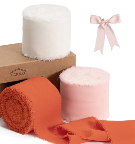 FAKILO Handgemachtes Fransen Chiffonband, 3 Rollen 4,5cm X 21m Gemischtes Fransenband Set, Chiffon-Seidenband für Hochzeitseinladungen Geschenkverpackungen Dekoband (Orange Rosa Band-Set) von FAKILO