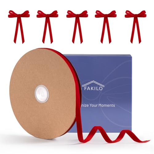 FAKILO Rotes Samtband, 1 cm x 22 Meter rotes Samt perfekt für Kranz, Geschenkverpackungen, Schleifen, Blumenstrauß von FAKILO