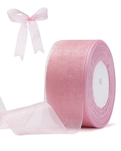 Rosa Organzaband zum Verpacken von Geschenken, FAKILO, 50 mm x 45 Meter, schimmerndes, transparentes Geschenkband mit Draht für Blumenstrauß, Hochzeit von FAKILO