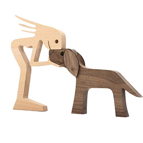 Neueste Holzfiguren Skulptur Ornamente Set, abstrakte Stil Menschen mit Hund Statue, Freundschaft Zwischen Hund Und Menschen Denkmäler Statue Für Männer Frauen Jungen Mädchen Alte Leute von FAKKA