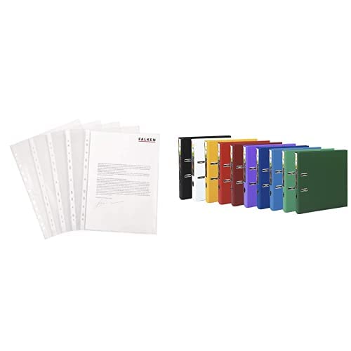 Set aus: Original Falken 100er Pack Economy PP-Kunststoff Prospekthüllen. Für DIN A4 & Exacompta 53154E Premium 10er Pack Kunststoff-Ordner Prem´Touch Office. 5 cm schmal DIN A4 MAXI farbig sortiert von FALKEN