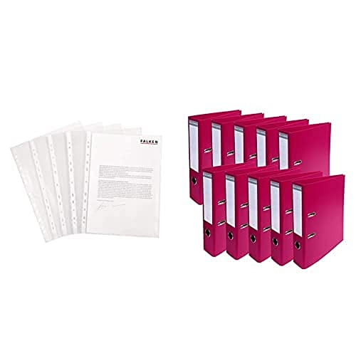 Set aus: Original Falken 100er Pack Economy PP-Kunststoff Prospekthüllen. Für DIN A4 & Exacompta 53747E 10er Pack Premium PVC-Ordner Prem´Touch. 7 cm breit DIN A4 farbig fuchsia von FALKEN