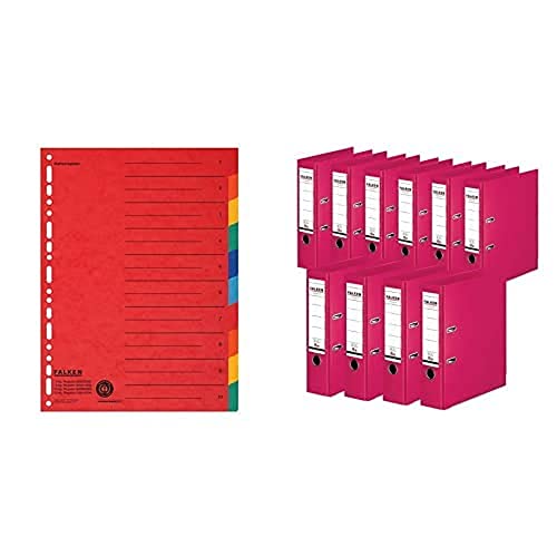 Set aus: Original Falken Karton-Register überbreit A4 24 x 29,7 cm mit Organisationsdruck 10 tlg 2x5 Farben & 10er Pack Falken Chromocolor Premium-Ordner Kunststoffbezug 8 cm breit A4 pink von FALKEN