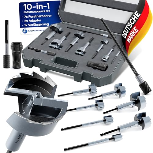 FALKENWALD® Forstnerbohrer Set 10-teilig (Ø 10-40 mm) mit Werkzeugkoffer & Adapter + Erweiterung - Hochpräzise Holzbohrer Topfbohrer - Premium Forstner Bohrersatz für Hart- & Weichholz von FALKENWALD