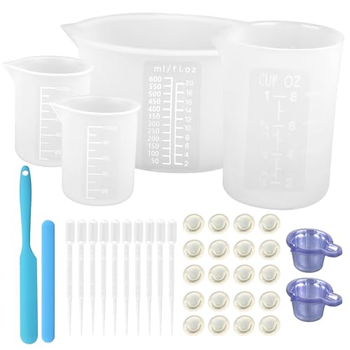 Silikon Messbecher Set, 4 Stück Silikonbecher 600/250/100ml Epoxidharz Mischbecher Set mit Rührstäbe, Silikonspatel, Pipetten Dosierbecher, Fingerlinge, Messbecher Silikon für DIY, Basteln, Labor von FAMCUCHE