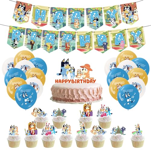 32 PCS Blue Hund Geburtstag Dekorationen FAMILIO Blue Party Supplies Ballons Cake Toppers Für Kindergeburtstag Dekorationen Deko Set mit Folienballon Latexballon Cake Topper Banner von FAMILIO